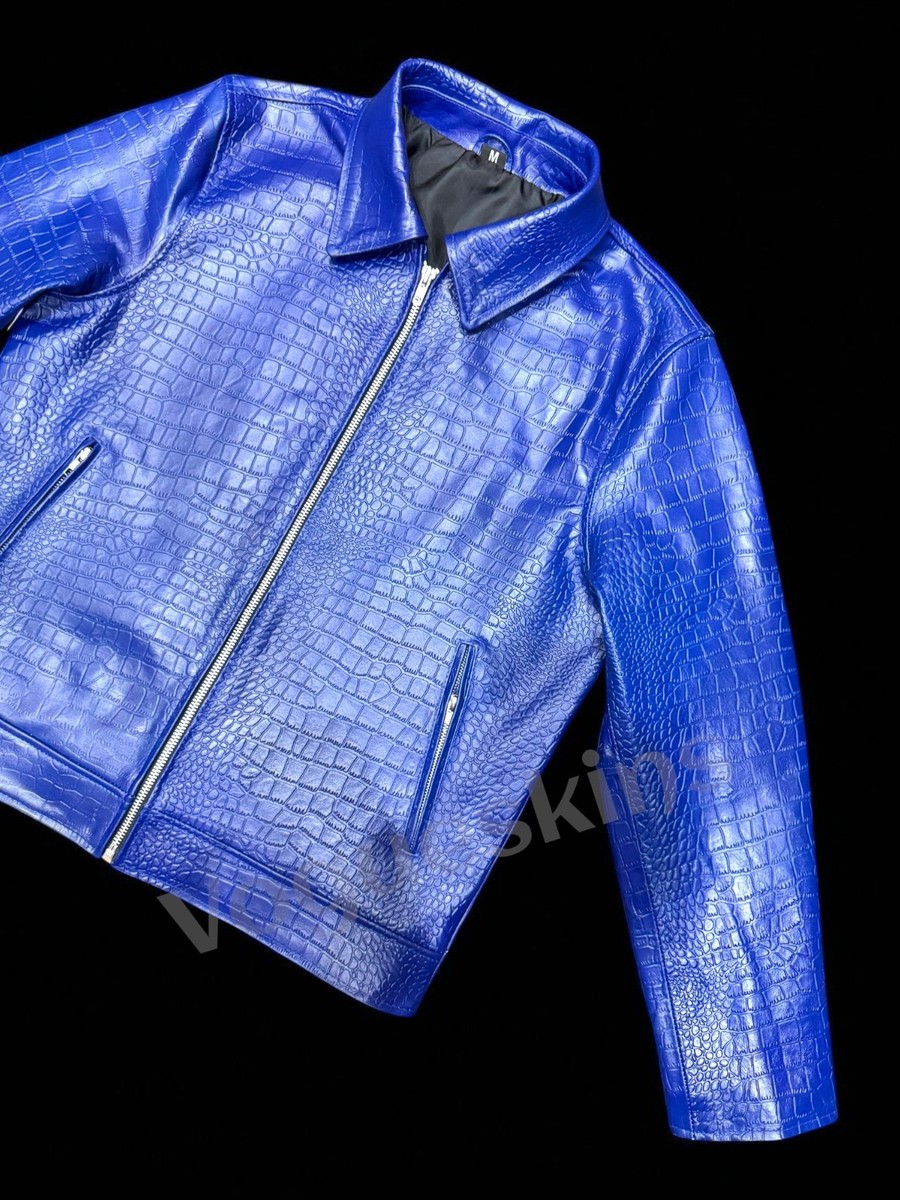Men's Leather Jacket Blue Crocodile Embossed Pattern Alligator