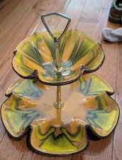 California Pottery 2 Tier Dish No. 609 Gold/Green