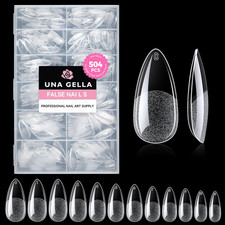 UNA GELLA Almond Gel Nail Tips, 504PCS Pre Etched Clear Fake Nails Tips Medium A