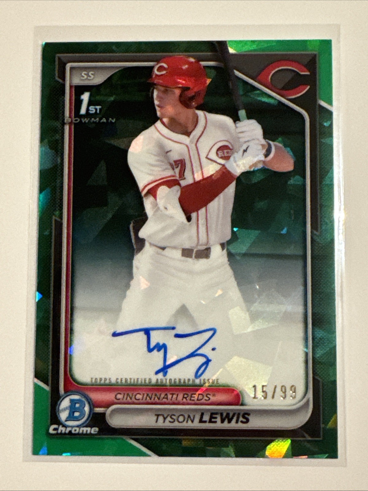 2024 Bowman Draft Sapphire Tyson Lewis Chrome Auto Green /99 1st Reds Stud
