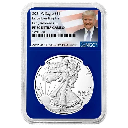2021-W $1 1-oz T-2 Proof American Silver Eagle NGC PF70UC ER Trump Label Blue