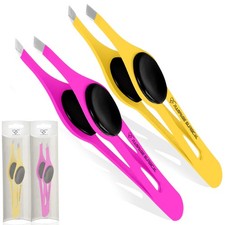 Professional Eyebrow Tweezers Slanted Tip Stainless Steel 2,3xPcs Yellow pink