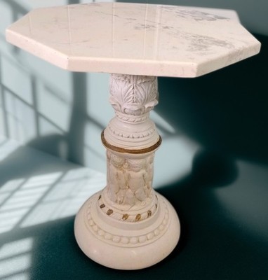 Baroque Faux Marble Octagon Top Pedestal Table Ornate Cherubs 19'' Unique Greek