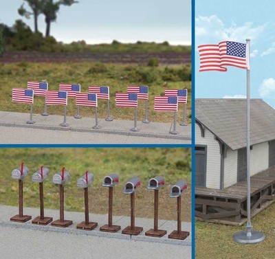 Walthers SceneMaster HO Scale 11 Post-1959 American Flags/8 Mailboxes Set