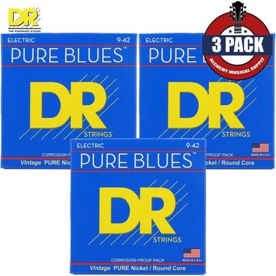 3-PACK DR PHR-9 Pure Blues Pure Nickel Electric Guitar Strings Light 9-42