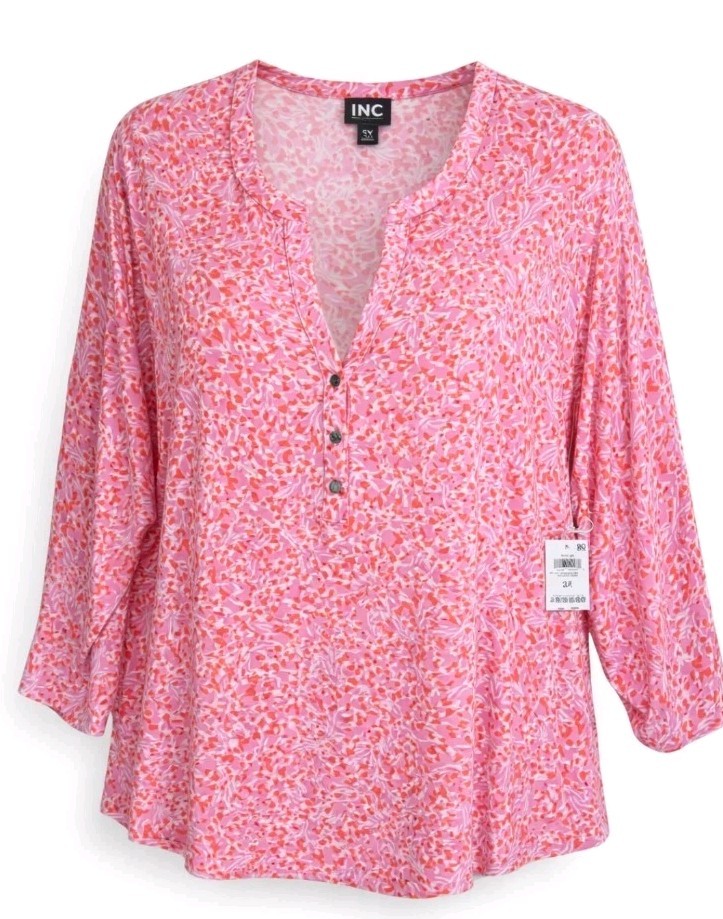 Womens 3X Pink Blouse Plus Stretch Button Popover I.N.C Split Neck Loose Fit NWT