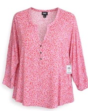 Womens 3X Pink Blouse Plus Stretch Button Popover I.N.C Split Neck Loose Fit NWT