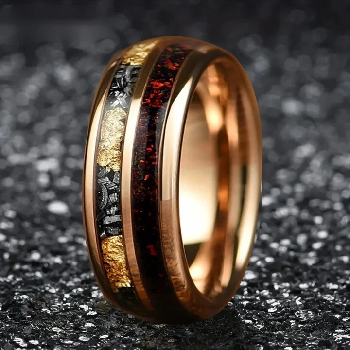 Anillo de tungsteno 6/8 mm para hombres mujeres matrimonio meteorito lámina de oro anillo con incrustación de ópalo rojo Foto 2 de 4