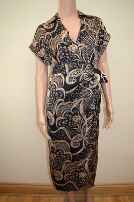 Neu Mango MNG Satin Paisley Satin schwarz & dunkelgold Hemdkleid Gr UK 4 6 8