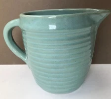 Vtg Stoneware Pottery Blue Green Pitcher Ribbed Ring Ribbed USA 4.25" 2 Cups