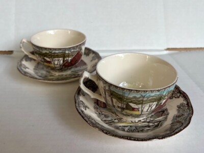 Vintage 2 Johnson Brothers England Friendly Village ICE HOUSE Cup & Saucer Set
