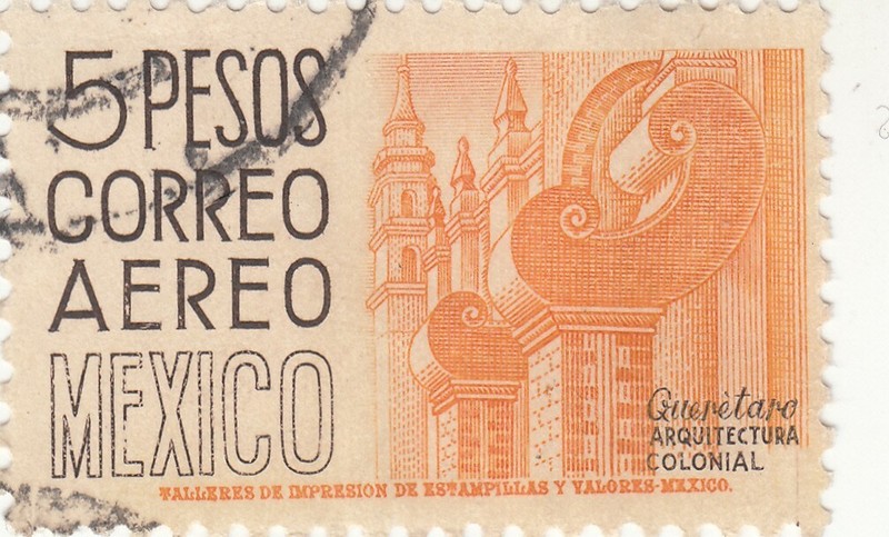 MEXICO 1952. 5 pesos Queretaro Architecture Colonial. Airmail. Used