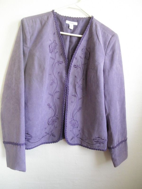 OOAK Beautiful Floral Embroidery Rope Trim Open Front Purple Faux Suede Jacket