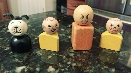 Lot 3 Vtg Fisher Price Lacing Shoe #136 CHILDREN & DOG w/Misc Wooden MAN