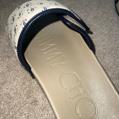 JIMMY CHOO Fitz JC Monogram Adjustable Slides Sand Dune/Navy  display picture 1