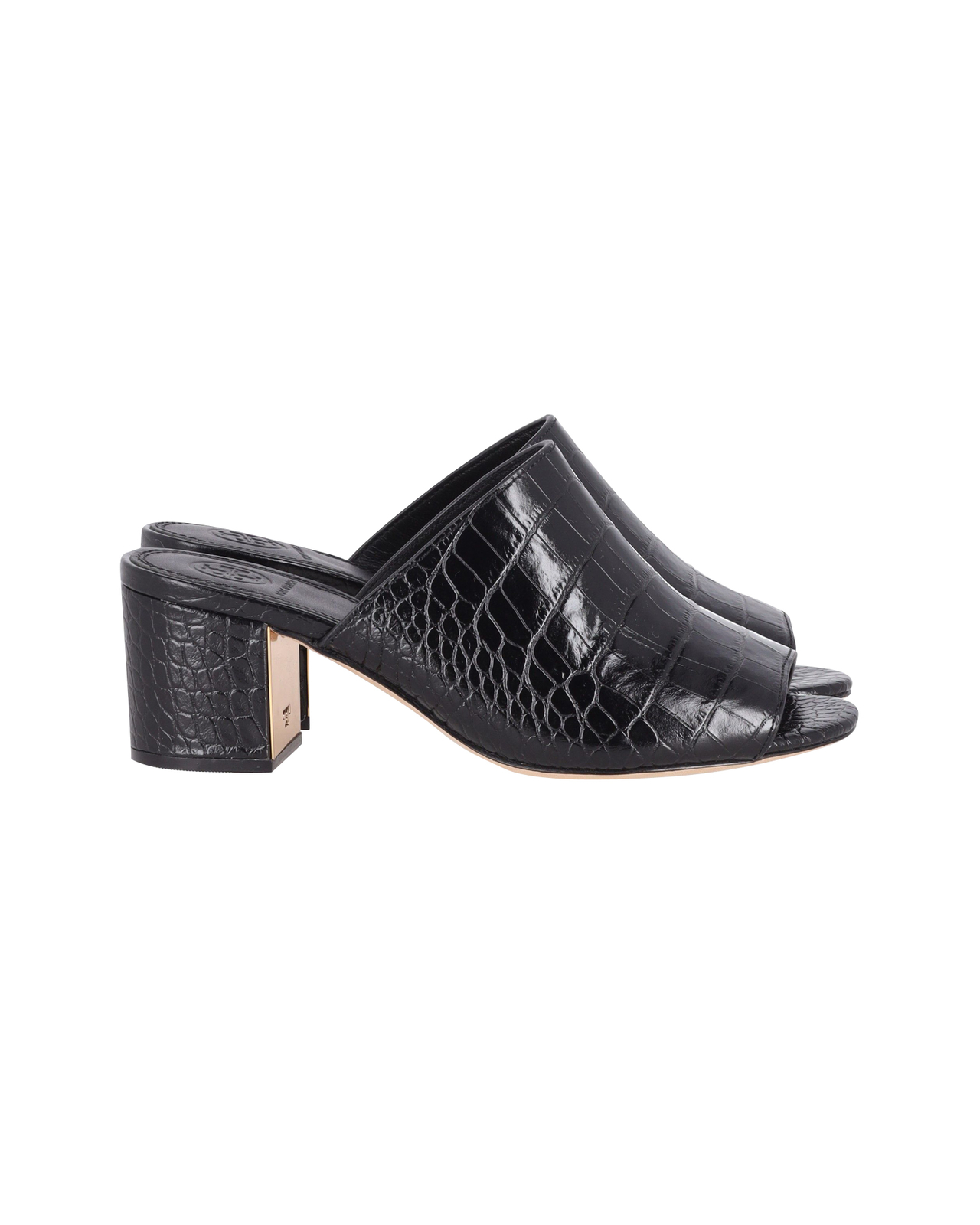 Mulas Tory Burch Martine efecto cocodrilo en cuero negro US5