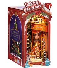 ROBOTIME DIY Miniature Dollhouse Wood Kit Book, Christmas Street with LED Lights