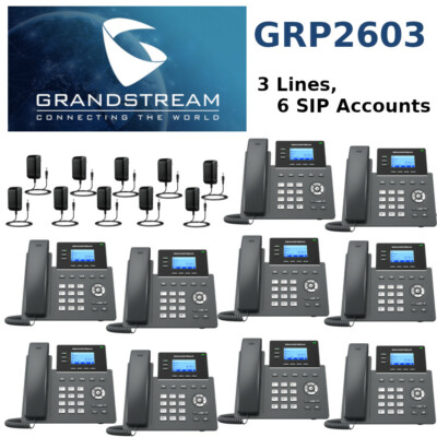 10 Grandstream GRP2603 3-Line 6 SIP Office Phone Power Supply Included