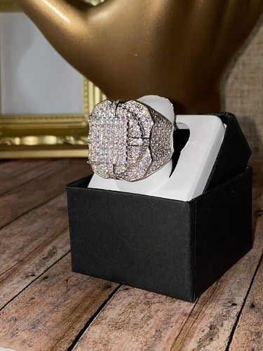 4Ct Real Moissanite Men's Unisex Designer Big Wedding Ring 14k White Gold Plated - Picture 4 of 7