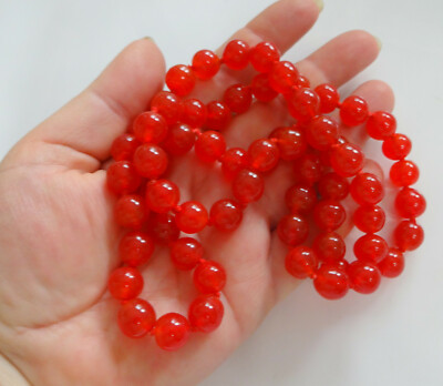 Vintage Antique CHINESE EXPORT PEKING RED GLASS 30'' Faux Jade Knoted Necklace