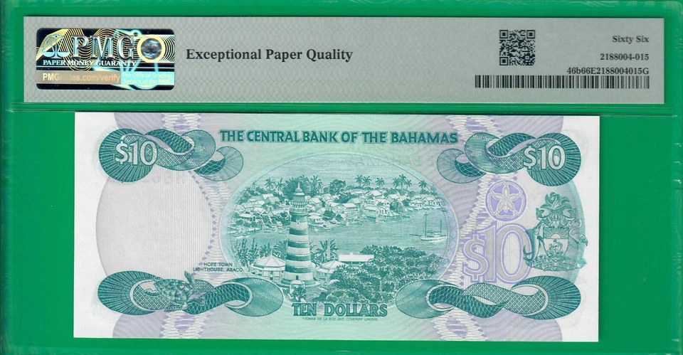 Bahamas $10 1974 (ND1984), P46b, calificado por PMG Gem UNC *66* EPQ! Foto 2 de 2