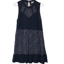 Umgee Sleeveless Mini Dress Lace Floral Navy Blue Boho Mixed Media Womens Medium