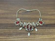 Beauty  the Beast Belle Disney Store Rose Ornate Goldtone Red Necklace