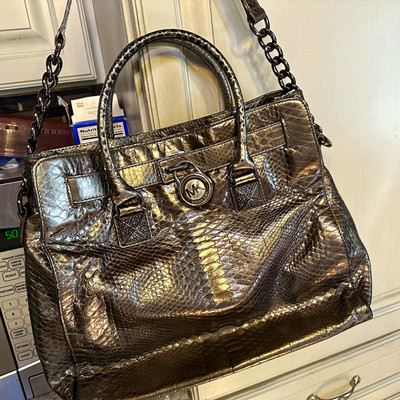 Michael Kors Silver Metallic Animal Print Satchel Top Handle Chain Strap Pockets