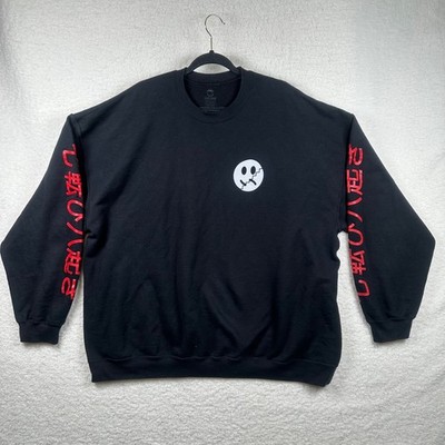Streetwear Smiley Face Sweatshirt Black Crewneck Red Japanese Kanji Sleeves 3XL
