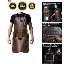 Leather Chef Apron Waterproof Durable with Pockets for Cooking BBQ Garden