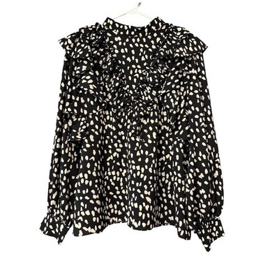 Do & Be Black White Dalmatian Print Ruffle High Neck Button Back Blouse Top M