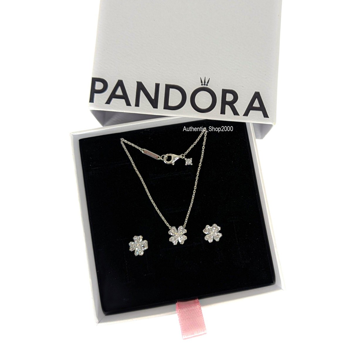 100% Authentic PANDORA Sparkling Lucky Clover Necklace Earrings