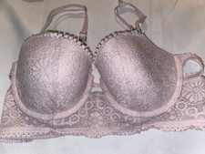 Aerie Real Power Floral Lace Strappy Balconette Bra 36C Nude pink Push up