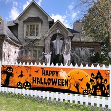 Happy Halloween Banner Pumpkin Bat Print Horror Party Outdoor Home Backdrop Deco