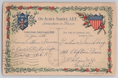 Christmas Greetings, On Active Service A.E.F., K of C shield, White Border  