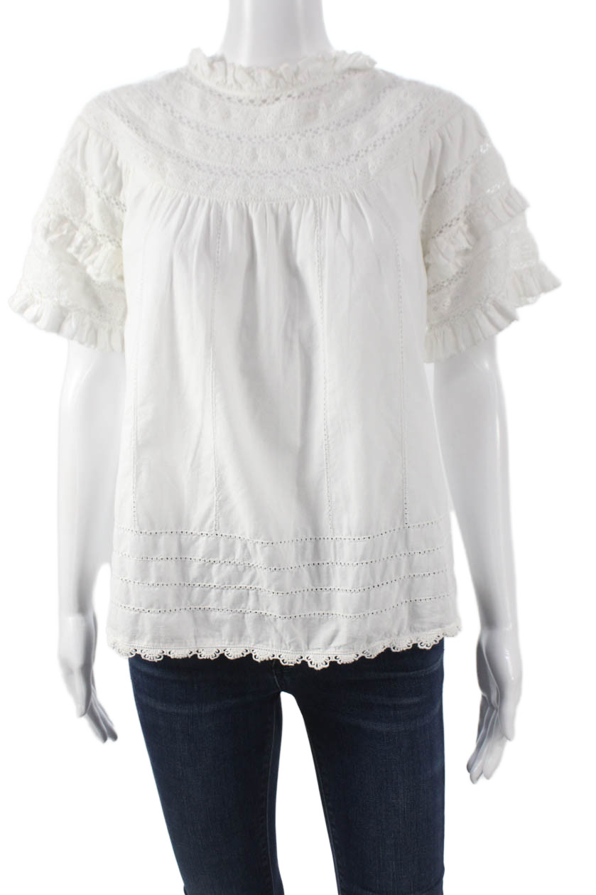 Sea New York Women High Neck Cotton Button Short Sleeve Bohemian Blouse Size 6Free Shipping in US $100+ Orders | $6.95 Orders Below