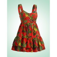 FARM Rio Red Tropical Parrot Linen Blend Ruffle Mini Dress Medium