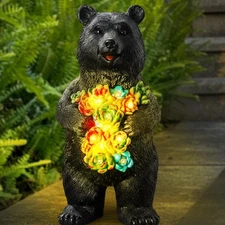 Solar Black Bear Garden Decor Statues with Succulent and LED Lights Bear Figu...