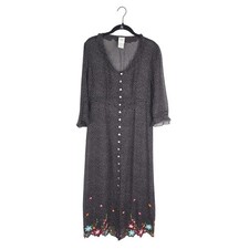 Garnet Hill Silk Sheer Polka Dot Floral Embroidered Button Down Midi Dress 6P