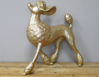 Großer Gold Harz posierender Fifi Pudel Hund Ornament Statue Skulptur Figur 57 cm