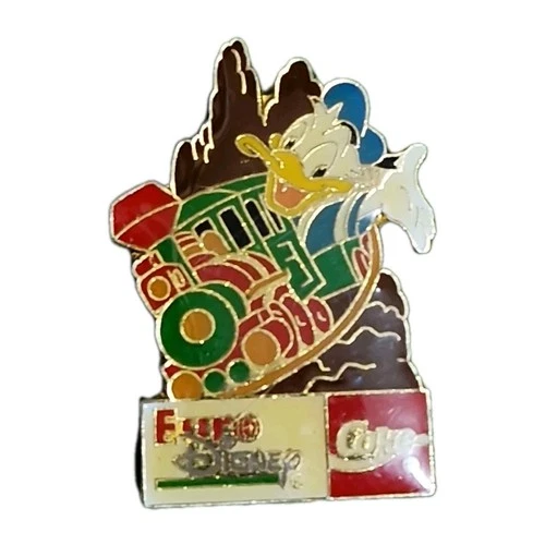 Vintage Coca Cola Euro Disney Pin Badge Donald On Big Thunder Mountain Train
