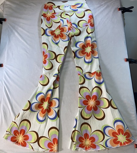 Peach Love Bell Bottoms Pants Women Small Flared Hippie Stretch Retro Flower 70s - Picture 16 of 20