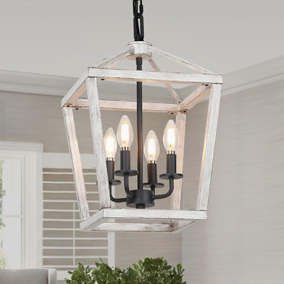 Rustic 4-Light Chandelier with White Oak Cage for Entryway & Kitchen Island