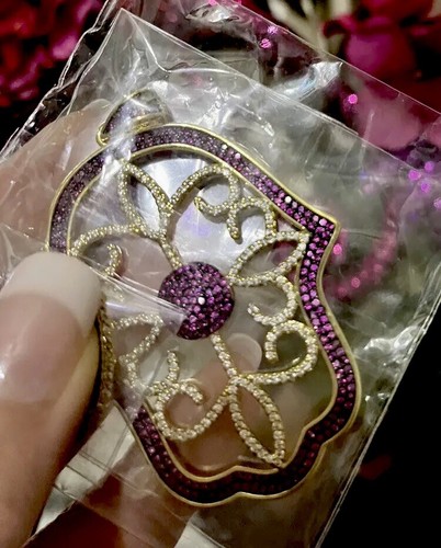 GORGEOUS 14K Gold Finish Pavé Ruby Zircon & Clear CZ Hamsa Hand Charm Pendant 3” - Picture 4 of 7