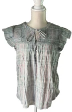 Loft Womens Plaid Smocked Ruffle Tie Neck Top Green Cotton Sz S