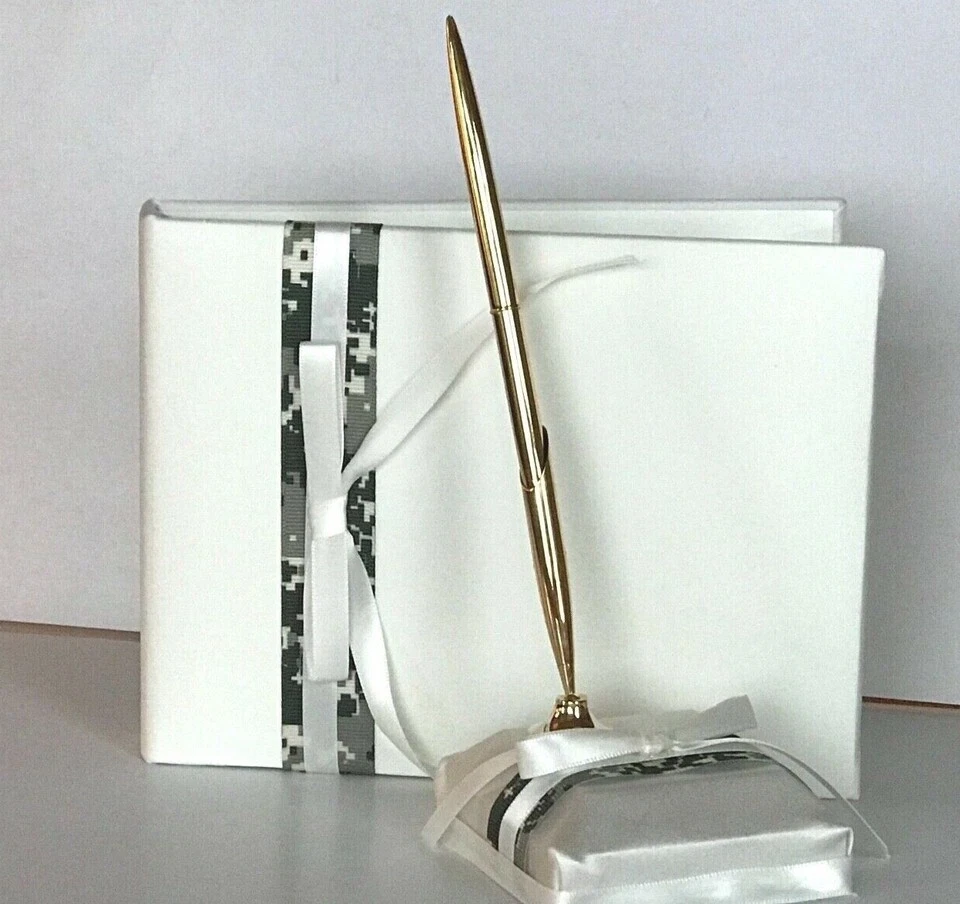 Wedding Ivory Satin Guestbook and Penset, Well-Suited Green Camouflage - Image 2 of 4