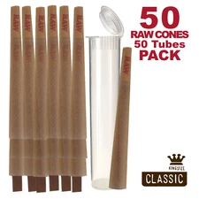 RAW Cones Pack 50 Classic King Size Pre Rolls with Tips Plus 50 Clear Tubes