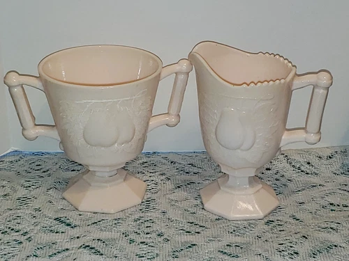 Vintage 1950s Jeanette Pink Milk Glass Creamer & Sugar Baltimore Pears Pattern