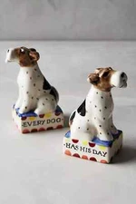 Anthropologie Salt Pepper Shaker DAVID CLEVERLY Set EVERY DOG HAS DAY 3.5"H NWT