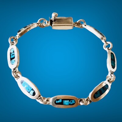 Bracelet Vintage Mexicain En Argent Sterling Et Turquoise - 20cm - Pièce Unique